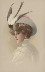 Vrouw met hoed en opgezette zwaluw (kleurenlitho)
