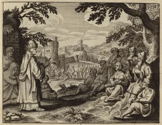 Zacharia waarschuwt de Joden tegen het herhalen van de zonden van hun vaders (gravure)