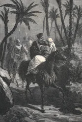 Cervantes rijdt op een paard met een vrouw in een oase
