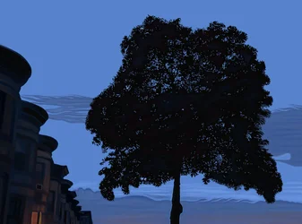 9th Street en Oak Tree bij zonsopgang, 2025 (digitale kunst)