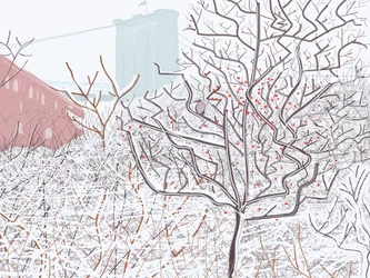 Vogel in sneeuw, Brooklyn Bridge Park (digitale kunst)