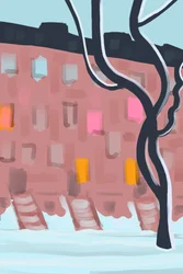 Brownstones in sneeuw (digitale kunst)
