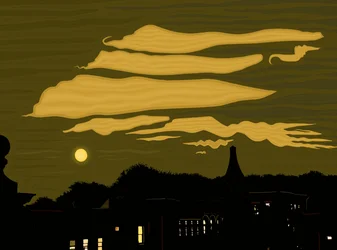 Wolken, maan en park vanaf het dak (digitale kunst)