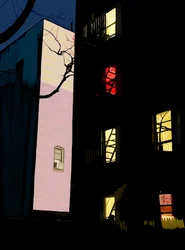 Kleurrijke vensters van flatgebouwen bij nacht Brooklyn (digitale kunst)