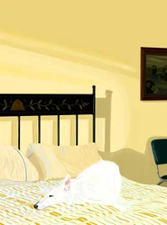 Hond rustend op bed, c.2020-24 (digitale kunst)