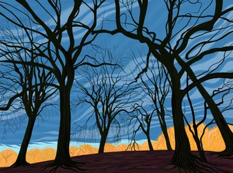 Bosje iepenbomen in de vroege winter (digitale kunst)