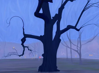 Grote blauwe boom alleen in veld in mistige ochtendschemering Brooklyn (digitale kunst)