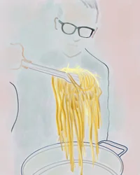 Man die pasta uit een pot trekt, Brooklyn (digitale kunst)