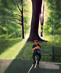 Lezende man in park, Brooklyn (digitale kunst)