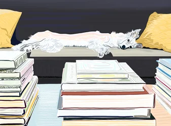 Minnie op sofa met boeken, c.2020-24 (digitale kunst)