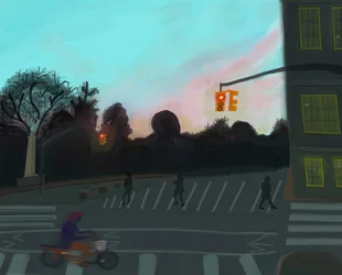 Oranje scooter,Grand Army Plaza, Brooklyn, 2016 (met de hand getekend op een iPad met een Apple-potlood)