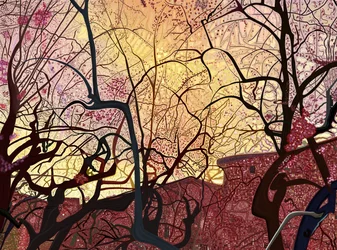 Oranje lucht, gebouwen en bomen in de lente (digitale kunst)