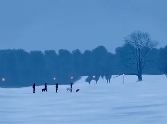 Mensen en honden in de sneeuw in Prospect Park (digitale kunst)