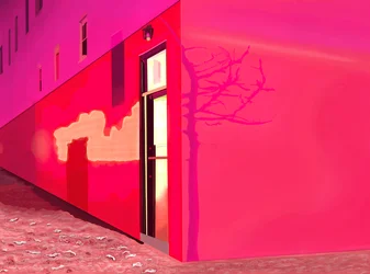Rood licht van sirene en schaduwen van kleine boom aan zijkant van gebouw op 12e straat op besneeuwde nacht (digitale kunst)