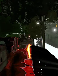 Rood licht weerkaatst op stoep na regen, NY, Dageraad (digitale kunst)