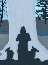 Schaduw van mens en hond op grote boomstam, Brooklyn (digitale kunst)