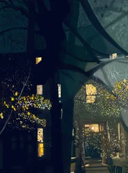 Schaduwen op venster en uitzicht over straat bij nacht (digitale kunst)