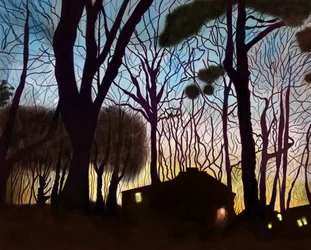 Winkelgebouwen bij zonsopgang, Brooklyn (digitale kunst)