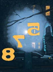 Sneeuw bij nacht gezien door nummering op voordeur, Brooklyn (digitale kunst)