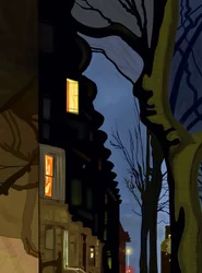 Bovenkanten van straten en gebouwen bij nacht (digitale kunst)