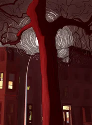 Straat en boom bij nacht verlicht door sirenes en straatlantaarn (digitale kunst)