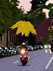 Zonnebloem en man die rode scooter bestuurt (digitale kunst)