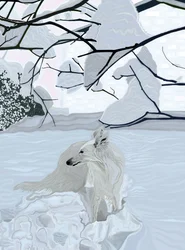 Witte hond in sneeuw (digitale kunst)