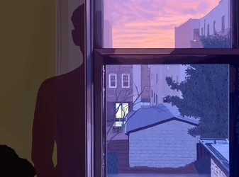 Raam en mijn schaduw op de muur bij zonsondergang