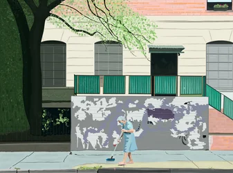Vrouw veegt stoep, Brooklyn (digitale kunst)