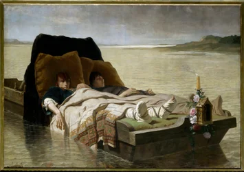 De verlamden van Jumièges. De twee zonen van Clovis II, die tegen hun ouders in opstand waren gekomen, werden veroordeeld tot het doorsnijden van de pezen in hun armen en benen en werden in een boot op de Seine achtergelaten. Schilderij van Evariste