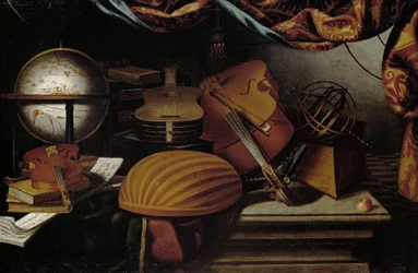 Stilleven met muziekinstrumenten, globe en armillairsfeer