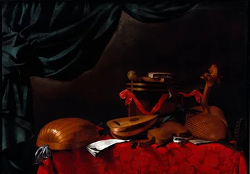 Stilleven met muziekinstrumenten en een peer. Schilderij door Evarista Baschenis (1617-1677) 17e eeuw. Bergamo, Accademia Carrara, Italië