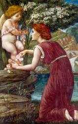 "De cultus van Cupido" Jonge vrouw met een beeldje van de god van de liefde. Schilderij van Evelyn De Morgan (1855-1919) (prerafaëliet) Privécollectie
