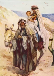 Jozef en Maria nemen kindje Jezus mee naar Egypte (kleurenlitho)