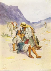 De barmhartige Samaritaan (kleurenlitho)