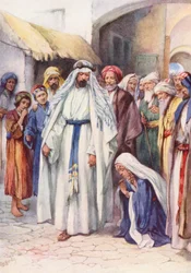 De vrouw die Jezus aanraakte (kleurenlitho)
