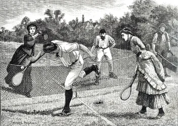 Gravure van een vriendschappelijke dubbelspel tenniswedstrijd