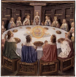 Arthurlegende: de ridders van de Ronde Tafel: Galaad (Galahad) op de Gevaarlijke Zetel, de Heilige Graal verschijnt, verluchting door Evrard d