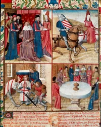 Koning Arthur houdt hof, Lancelot geleid door een dame naar de abdij