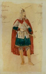 Kostuumontwerp voor de opera Prins Igor door A. Borodin, 1900s
