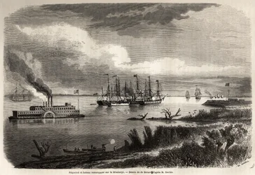 Schip en sleepboot op de Mississippi, tekening door Evremond Auguste de Berard (1824-1881), ter illustratie van de reis naar New Orleans in 1855 door Elysee (Elisee) Reclus (1830-1905). Gravure in "Le tour du monde, nouveau journal des voyages" Parijs