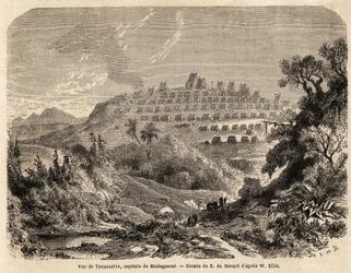 Uitzicht op Tananarive, hoofdstad van Madagaskar, tekening door Evremond de Berard (1824-1881), ter illustratie van Ida Pfeiffer