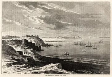 Uitzicht op Tanger (Marokko), tekening door Evremond de Berard (1824-1881), ter illustratie van de reisnotities van M.F.Schickler naar Marokko. Gravure in "Le tour du monde, nouveau journal des voyages" Parijs
