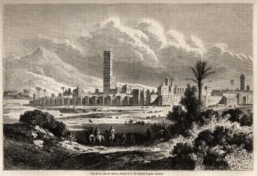 Uitzicht op de stad Marrakech (voorheen Marokko), tekening door Auguste de Berard (1824-1881), ter illustratie van de reis van de heer F. Schickler naar Marokko in 1860. Gravure in 