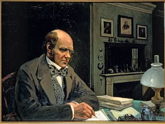 Charles Darwin, Brits natuur- en evolutiewetenschapper, aan het werk in zijn studeerkamer (schilderij op doek)