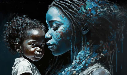 Emotioneel portret van een Afrikaanse moeder met haar kind, canvasafdrukken