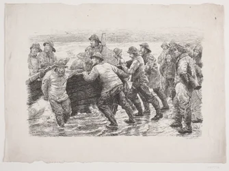 Vissers bezig een boot in het water te zetten
