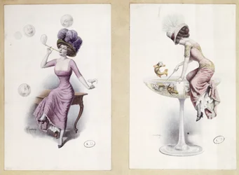 Ansichtkaarten met een vrouw die bellen blaast en vist in een Champagneglas, ca. 1900