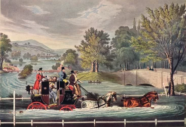 Postkoets in een overstroming, ca. 1827, 1904