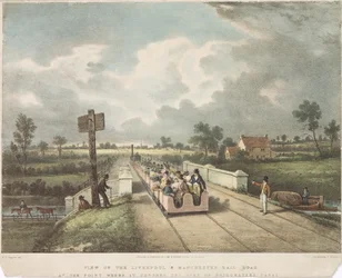 Uitzicht op de Liverpool & Manchester Spoorweg bij het Punt Waar het het Kanaal van de Hertog van Bridgewater Kruist, gegraveerd door A.B. Clayton, 1831